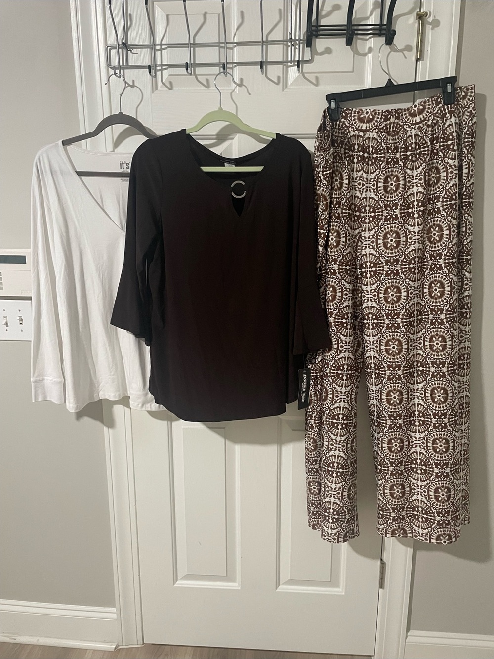 Brown Printed Wide-Leg Pants with Elastic Waist est 1846 two tops brown white 2x